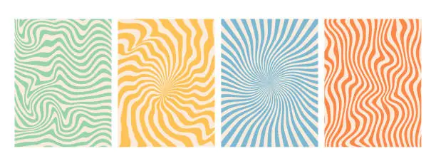 Vector illustration of Groovy hippie 70s backgrounds. swirl, twirl pattern, waves. Y2k aesthetic. Social Media Stories Template, distorted and Twisted vector texture in trendy retro psychedelic style.