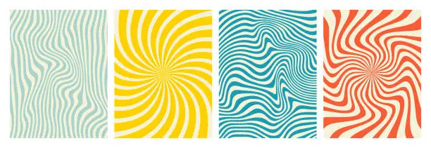 Vector illustration of Groovy hippie 70s backgrounds. swirl, twirl pattern, waves. Y2k aesthetic. Social Media Stories Template, distorted and Twisted vector texture in trendy retro psychedelic style.