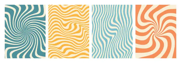 Vector illustration of Groovy hippie 70s backgrounds. swirl, twirl pattern, waves. Y2k aesthetic. Social Media Stories Template, distorted and Twisted vector texture in trendy retro psychedelic style.