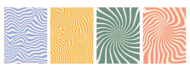 Vector illustration of Groovy hippie 70s backgrounds. swirl, twirl pattern, waves. Y2k aesthetic. Social Media Stories Template, distorted and Twisted vector texture in trendy retro psychedelic style.