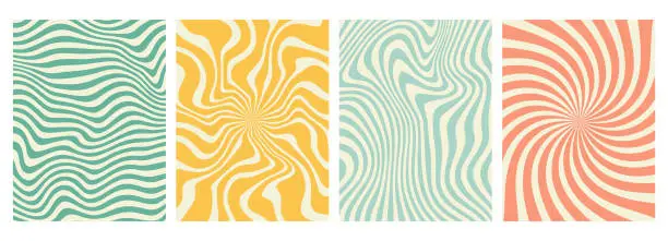 Vector illustration of Groovy hippie 70s backgrounds. swirl, twirl pattern, waves. Y2k aesthetic. Social Media Stories Template, distorted and Twisted vector texture in trendy retro psychedelic style.