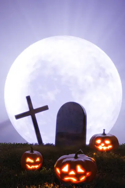 Happy Halloween. Glowing Jack-o-lanterns, cross and gravestone against the backdrop of a large full moon. 3D rendering