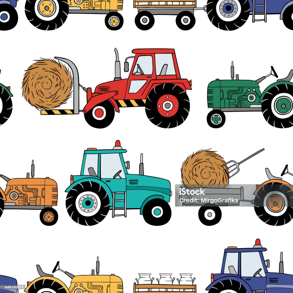 Quick Tractor Vector Hand Drawn Tractors Seamless Vector Pattern Perfect For Textile ...