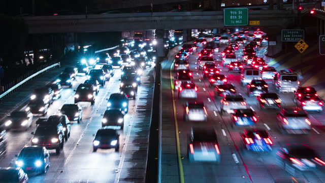 Los Angeles Downtown Night Freeway Traffic Time Lapse California USA