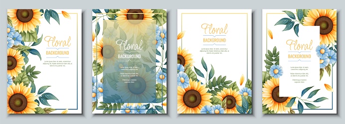 Set of greeting card template with sunflowers, blue daisies. Flyer, banner with autumn wildflowers. Design for wedding invitation and party