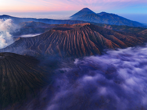 Amazing Mount Bromo volcano during sunrise from king kong viewpoint on Mountain Penanjakan in Bromo Tengger Semeru National Park,East Java,Indonesia.Nature landscape background