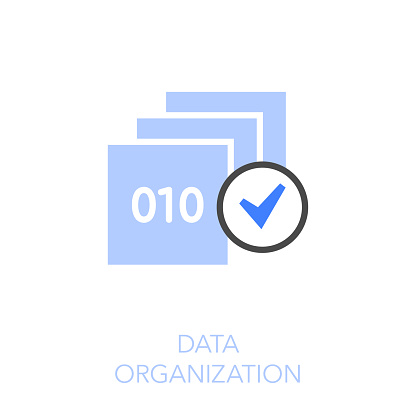 Simple visualised data organization icon symbol with sorted data and a checkmark.