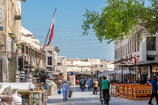 Doha, Qatar - August 16, 2023: Souq Waqif is a souq in Doha, in the state of Qatar. The souq is known for selling traditional garments, spices, handicrafts, and souvenirs