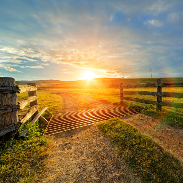 Farm enclosure with bright sunset in background stock photo