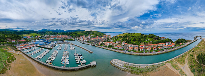 Aerial view of the village of Zumaia in the costa Verde, Basque Country northern Spain