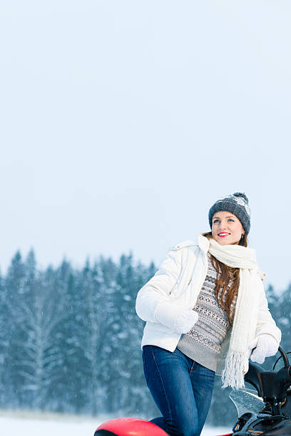 女性とスノーモービル風景 - women snowmobiling cute beautiful ストックフォトと画像