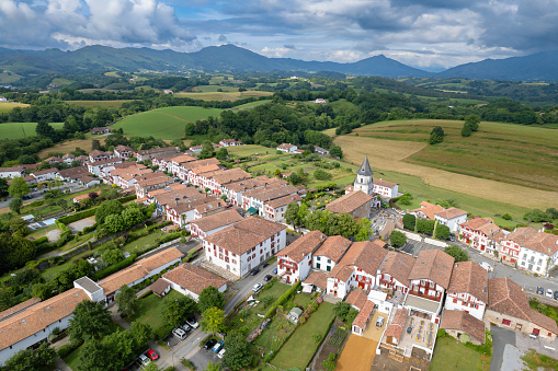 Aerial view above the french village of Ainhoa, Pyrénées-Atlantiques in the Basque country of France