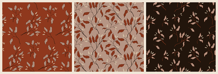 Seamless floral pattern, abstract autumn print with ink drawing branches in the collection. Vintage botanical design with falling dry plants: hand drawn branches, leaves, different background. Vector.