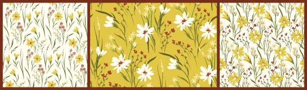 Vector illustration of Seamless floral pattern, liberty ditsy print with small wild flowers, leaves, herbs in the collection. Vector.