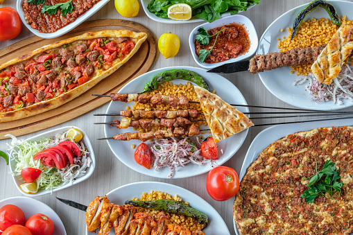 Various meat dishes and Turkish pastries