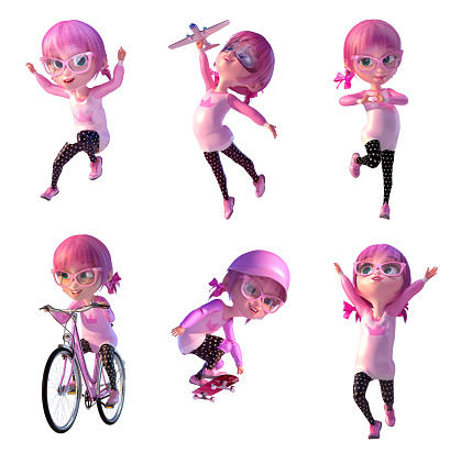 Cute kid girl different poses set. Funny smiling little girl 3d cartoon character playing, jumping, riding, showing heart. Expressions of a happy child girl with glasses, pink anime hairs. 3D mixed media illustration set