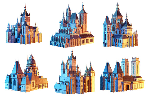 European medieval fantasy town buildings set. Ancient Europe fairytale architectural urban objects isolated, buildings, old towers, traditional castles, gothic churches. History, game scene 3D mixed media illustration clipart