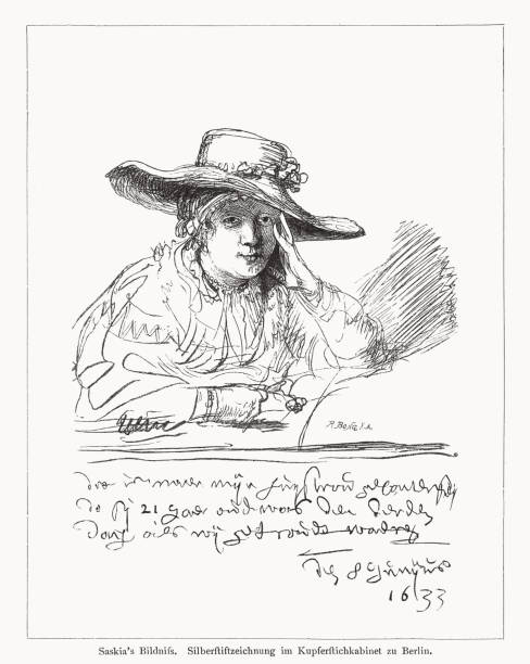 saskia van uylenburgh, gezeichnet von rembrandt, holzstich, veröffentlicht 1878 - rembrandt stock-grafiken, -clipart, -cartoons und -symbole