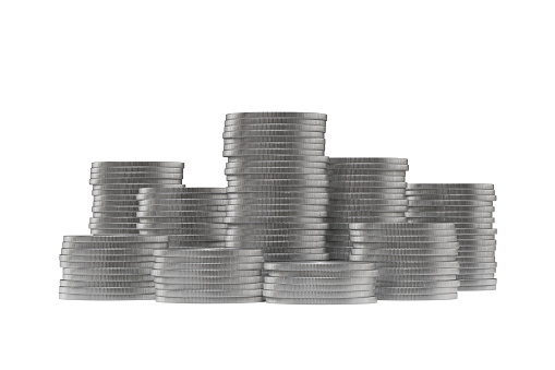 Stack of silver coin isolated on white background with earning profit business concept. Stack of silver coin isolated. Stack of silver coin isolated 3D render