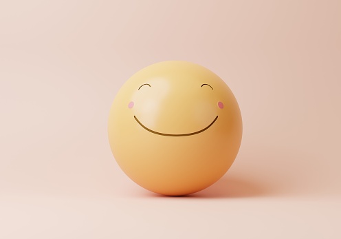 3D smile ball on pastel pink background with copy space for text. Happiness mental health abstract concept. Minimal illustration
