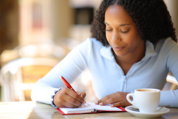 istock Black woman writing on agenda in a bar 1688357174