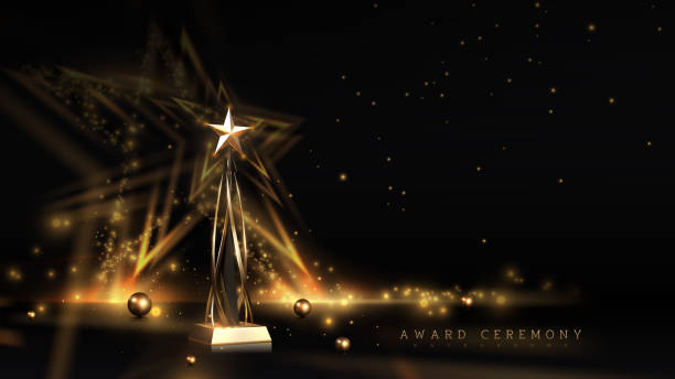 ilustraciones, imágenes clip art, dibujos animados e iconos de stock de trofeo estrella de oro en el podio con elementos de cinta y decoraciones de efectos de luz brillante y bokeh. fondo negro de lujo para la ceremonia de premiación. ilustración vectorial. - winning streak flash