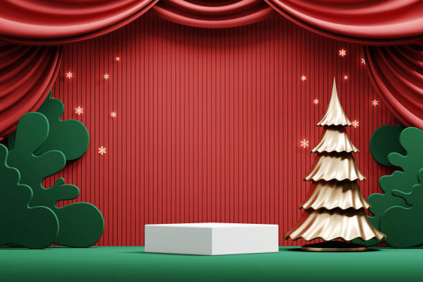 istock Merry Christmas event product display podium with decoration background 3d renderingMerry Christmas event product display podium with decoration background 3d rendering 1688373010