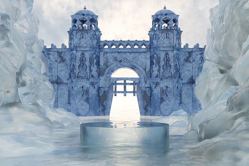 3d render winter platform and natural podium background, Ice podium on the frozen lake with ice canyon, Backdrop Castle Fortress for product display, advertising, mockup, showcase or etc