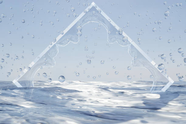 Abstract 3d render natural podium background, Ice frame on the sea with water drops falling from the sky for product display, advertising, mockup, cosmetic or etc