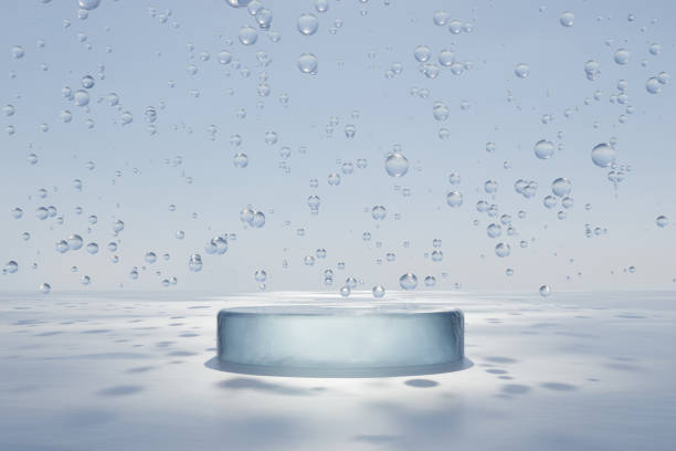 istock Abstract 3d render natural background, Ice podium on the ice ground surface and water drops falling from the sky for product display, advertising, mockup, cosmetic or etc 1688374436