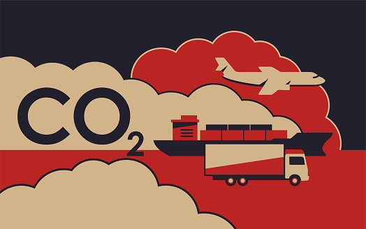 The largest source of CO2 emissions - the transportation sector. Truck, bulker ship and airplane in a cloud of exhaust pollution. Poster in vintage style