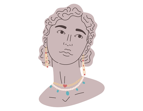 Female mythical antique flat head. Gypsum stone woman Greek statue with jewelry, earrings, necklace, chain. Vector cartoon illustration.