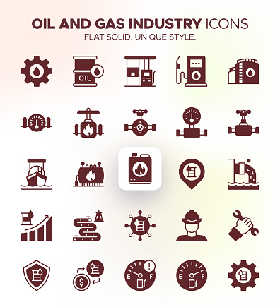 This icon set encompasses 25 unique icons representing essential elements of the Oil and Gas industry. The set includes icons depicting Gas Production, Drilling, Refining, Petroleum, Extraction, Reservoir, Offshore Operations, and the broader Energy Sector. These icons are ideal for visually illustrating various aspects of this industry, making complex information more accessible and engaging. The set provides a versatile tool for presentations, infographics, reports, and other design projects related to the Oil and Gas sector, enhancing communication and understanding.