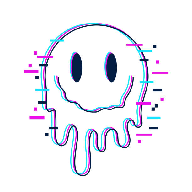 Trippy distorted smile with glitch effect Trippy distorted smile with glitch effect. Smiling face with optical illusion of melting and digital pixel decay. Acid rave, 90s design. Vector illustration distorted-face-drawing stock illustrations