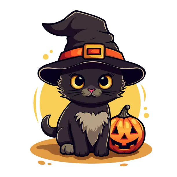 Vector illustration of Black cat in witch hat and pumpkin jack lantern. Halloween vector illustration