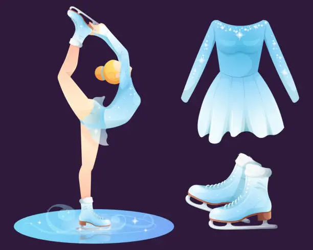 Vector illustration of Set for figure skating and winter sports games. Ice blue skates, sports dress, ice skater with her foot up