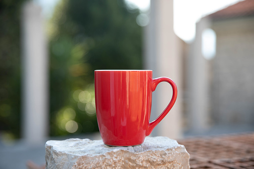 Red coffee cup, close up