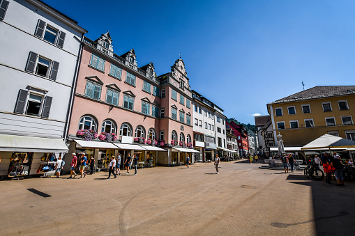 Crowded Main Street Near Brunnen am Leutbühel In Bregenz, Austria