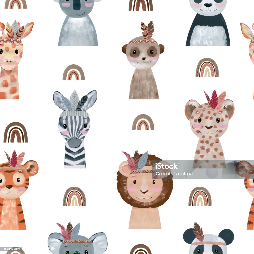Boho Animal Pattern Boho Woodland Animals Stock Illustration - Download Image Now - Koala ...