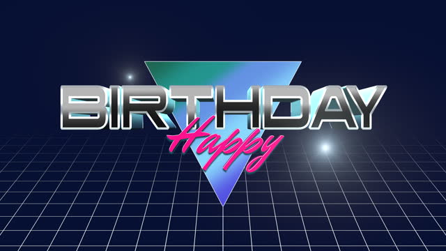 Happy Birthday with triangle and grid in 80s style