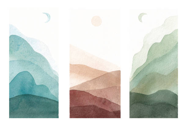 istock three watercolor Illustrations of landscapes and mountains , on white background, watercolor hand drawn illustration 1688451046