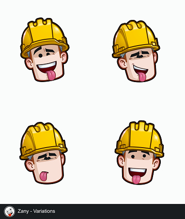 Icon set of a construction worker face with Zany emotional expression variations. All elements neatly on well described layers and groups.