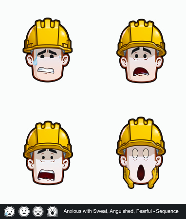 Icon set of a construction worker face with Anxious with Sweat, Anguished and Fearful emotional expression variations. All elements neatly on well described layers and groups.