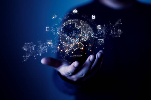 istock Hand holding globe and communication icons, global network connectivity concept and technology innovation Communication network technology, business people use global technology, internet network for social communication and big data use. 1688462482