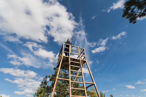 A young girl on a lookout tower at the Seli swamp. Woman against the sky. High quality photo