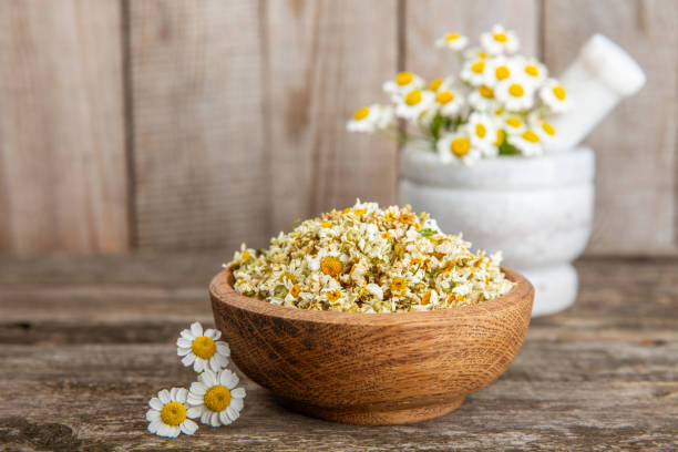 istock Dried chamomile tea in a bowl on a texture table.dry chamomile. Chamomile tea. flat lay. Composition with a bouquet and chamomile inflorescences in a mortar. Herbal drink. Soothing and tonic tea. 1688462877