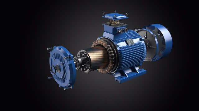 Electric motor parts and structure in a motion on black background. 3d video animation.