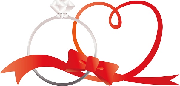 An illustration depicting love by intertwining a heart ribbon and a ring. / illustration material (vector illustration)