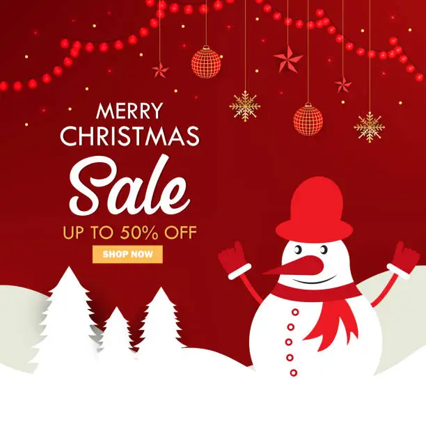 Vector illustration of Christmas sale poster, banner or flyer design with happy snowman and flat 50% off offers on red background