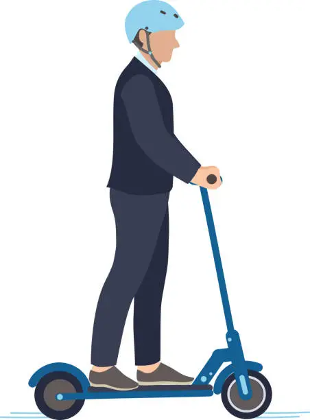 Vector illustration of A man dressed in a business suit commutes to work in an eco-friendly and efficient manner on an electric scooter